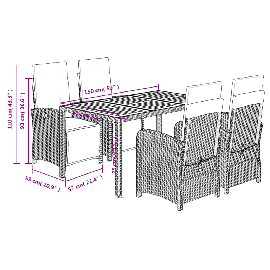 Set da Pranzo da Giardino 5 pz con Cuscini in Polyrattan Grigio | homemem39