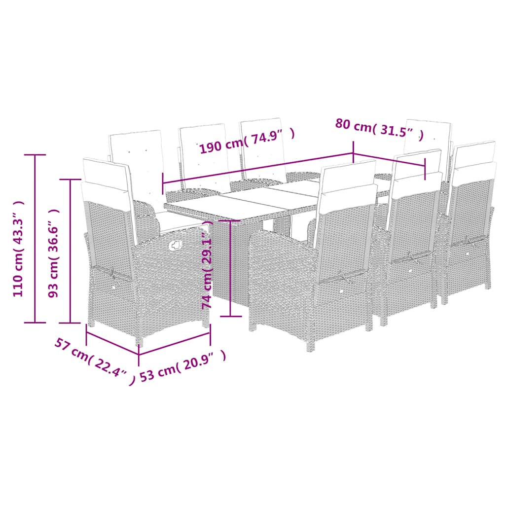 Set da Pranzo da Giardino 9 pz con Cuscini Nero in Polyrattan | homemem39