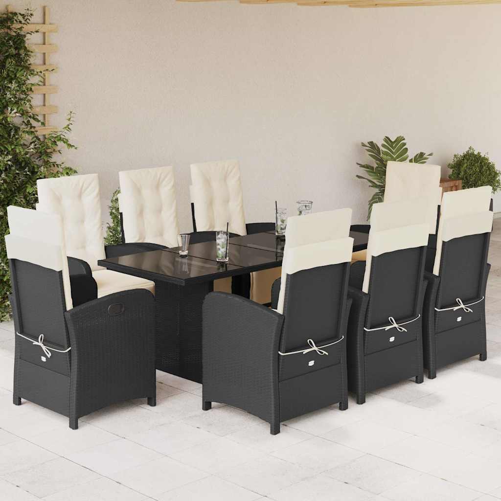 Set da Pranzo da Giardino 9 pz con Cuscini Nero in Polyrattan | homemem39
