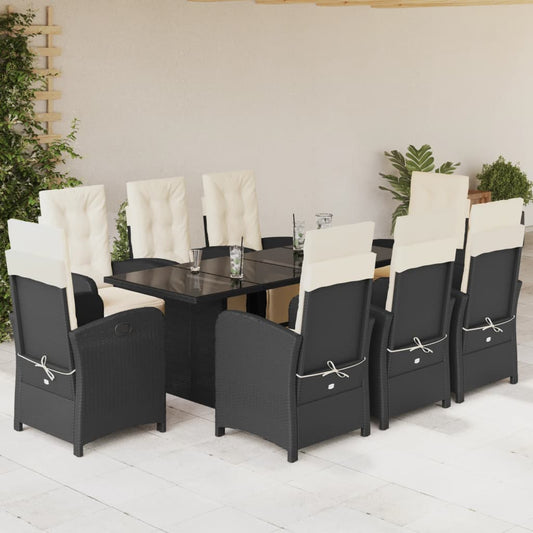 Set da Pranzo da Giardino 9 pz con Cuscini Nero in Polyrattan - homemem39