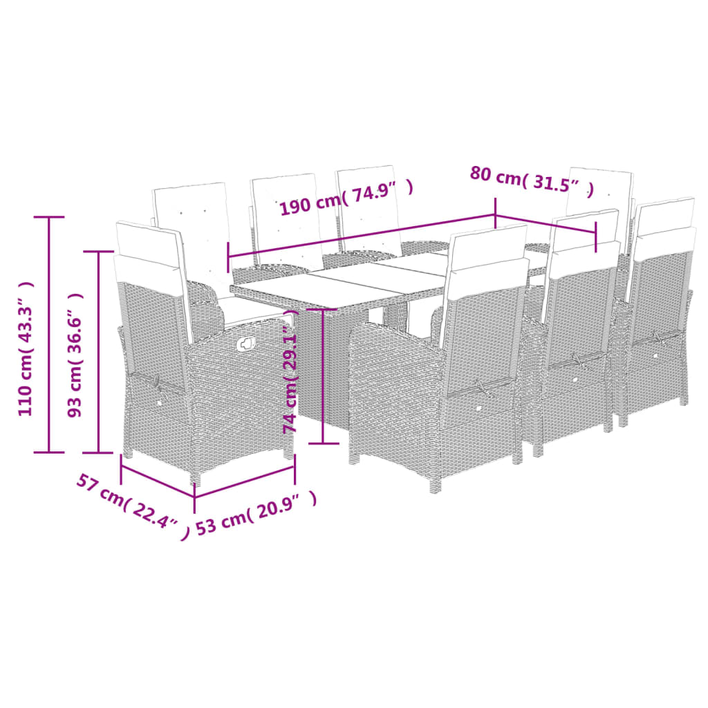 Set da Pranzo da Giardino 9 pz con Cuscini Nero in Polyrattan | homemem39