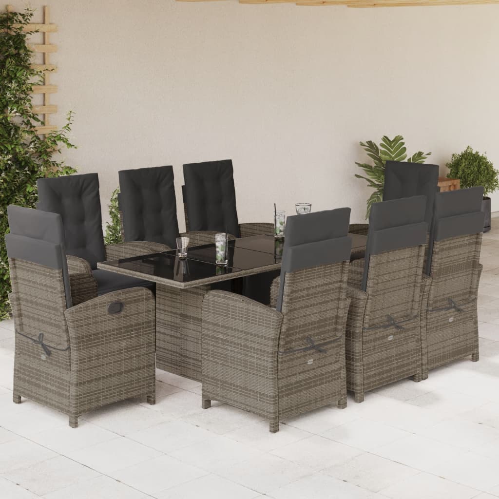 Set da Pranzo da Giardino 9 pz con Cuscini in Polyrattan Grigio - homemem39