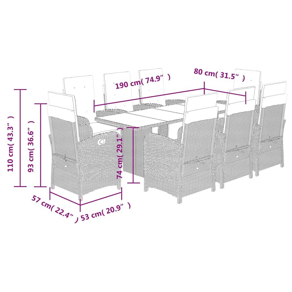 Set da Pranzo da Giardino 9 pz con Cuscini Beige in Polyrattan | homemem39