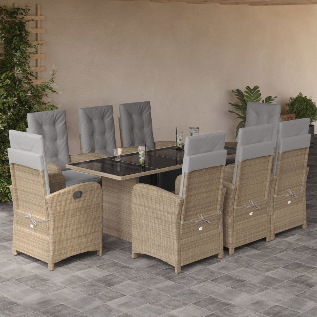 Set da Pranzo da Giardino 9 pz con Cuscini Beige in Polyrattan | homemem39