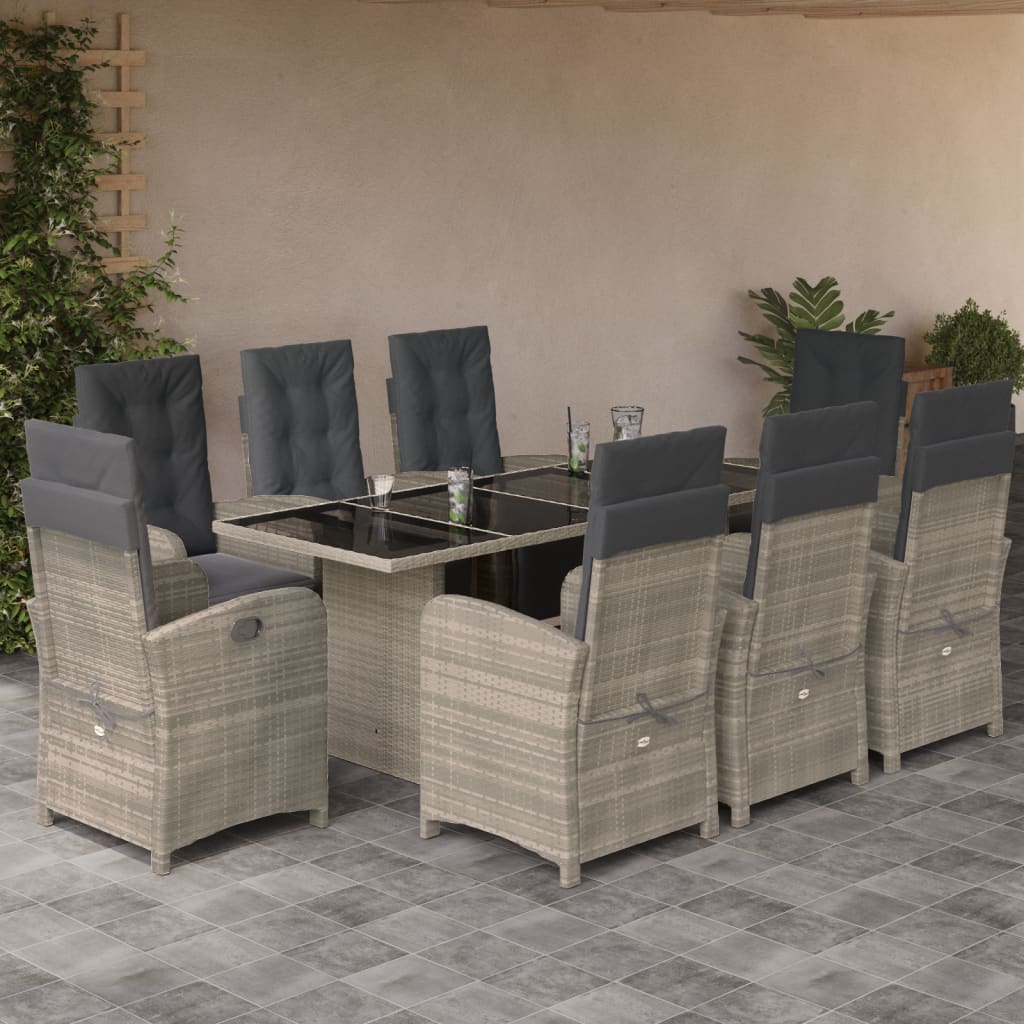 Set Pranzo da Giardino 9pz con Cuscini Grigio Chiaro Polyrattan - homemem39
