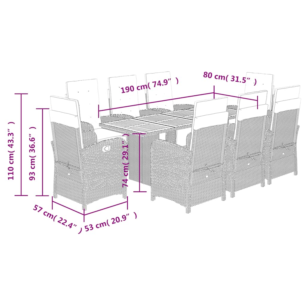 Set da Pranzo da Giardino 9 pz con Cuscini Nero in Polyrattan | homemem39