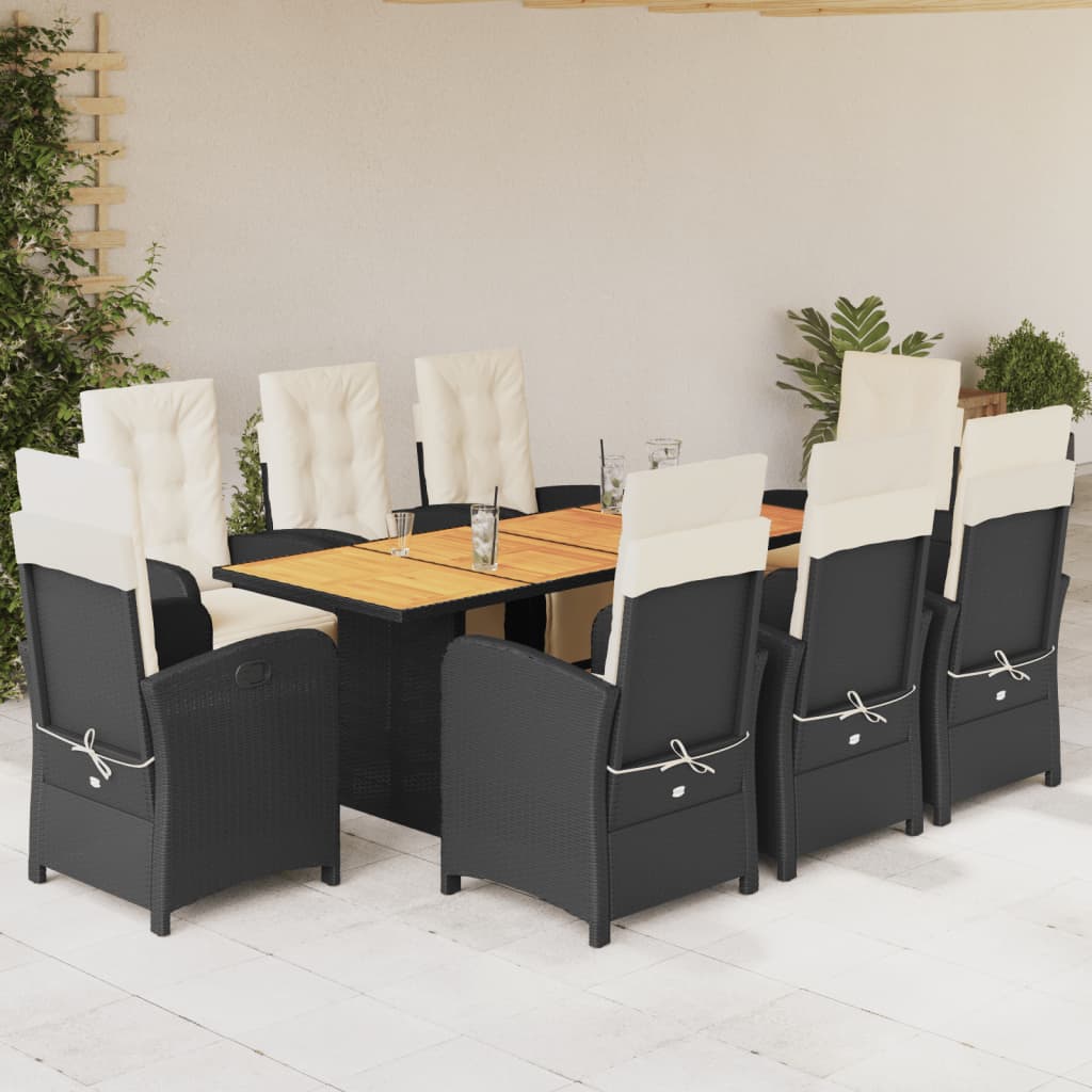 Set da Pranzo da Giardino 9 pz con Cuscini Nero in Polyrattan - homemem39