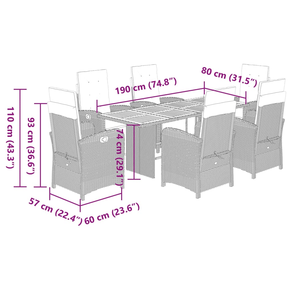 Set da Pranzo da Giardino 7 pz Nero con Cuscini in Polyrattan | homemem39