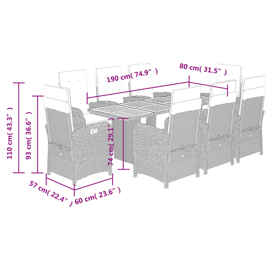 Set da Pranzo da Giardino 9 pz con Cuscini in Polyrattan Grigio | homemem39