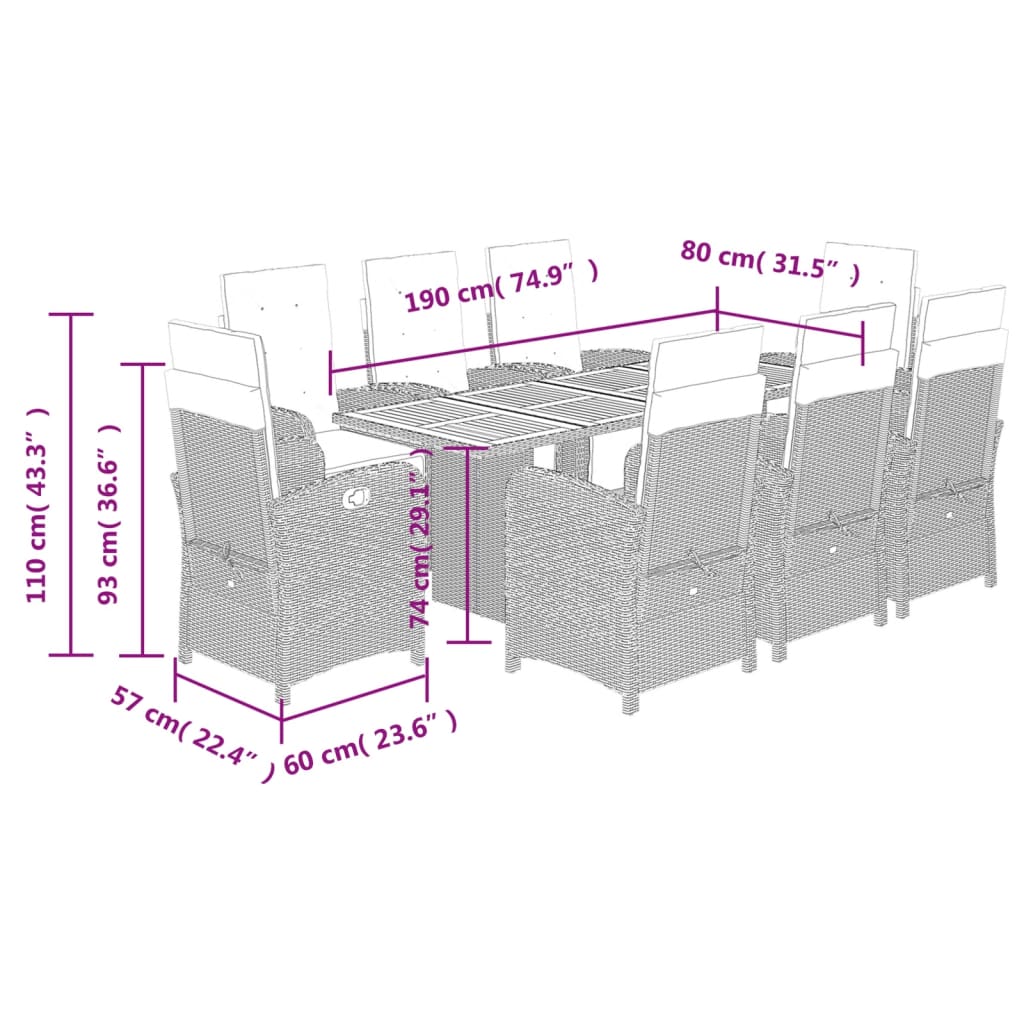 Set da Pranzo da Giardino 9 pz con Cuscini Beige in Polyrattan | homemem39