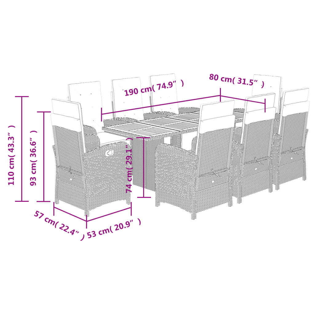 Set da Pranzo da Giardino 9 pz con Cuscini Beige in Polyrattan | homemem39