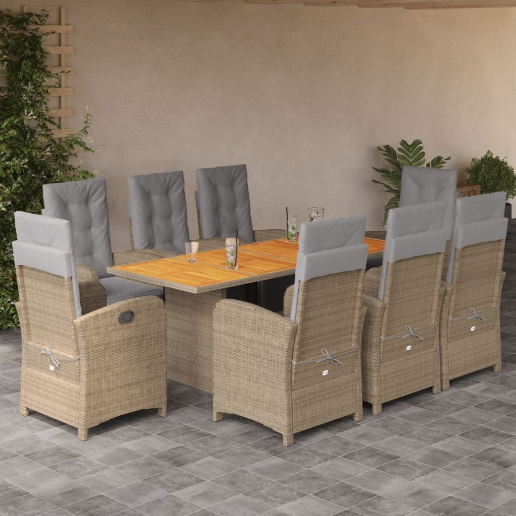 Set da Pranzo da Giardino 9 pz con Cuscini Beige in Polyrattan | homemem39