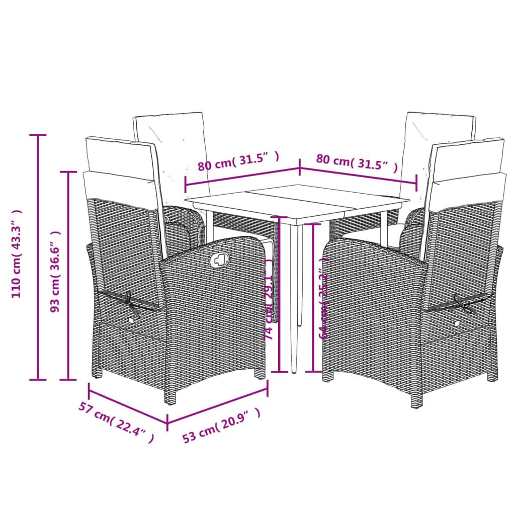 Set da Pranzo da Giardino 5 pz Nero con Cuscini in Polyrattan | homemem39