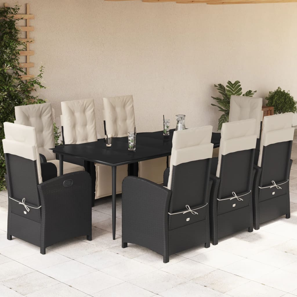 Set da Pranzo da Giardino 9 pz con Cuscini Nero in Polyrattan - homemem39