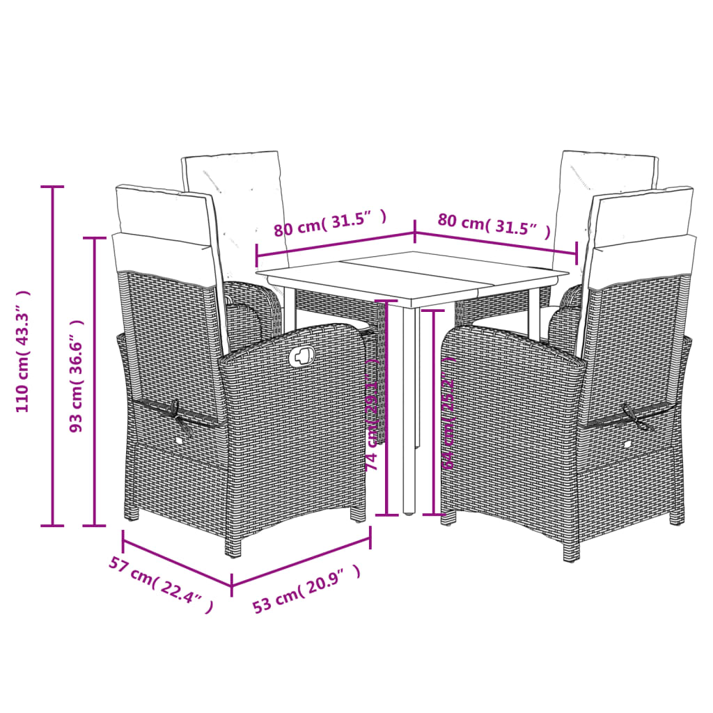Set da Pranzo da Giardino 5 pz Nero con Cuscini in Polyrattan | homemem39