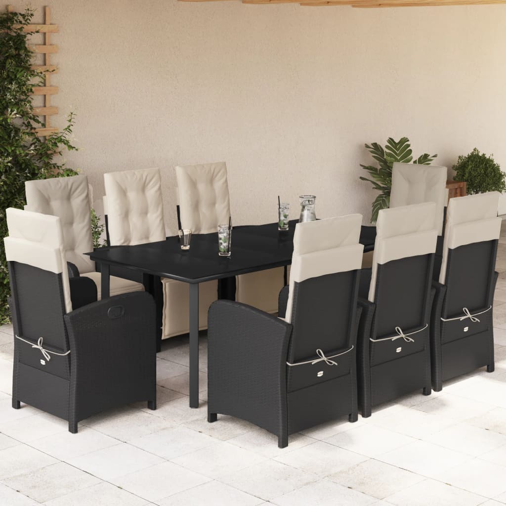 Set da Pranzo da Giardino 9 pz con Cuscini Nero in Polyrattan | homemem39