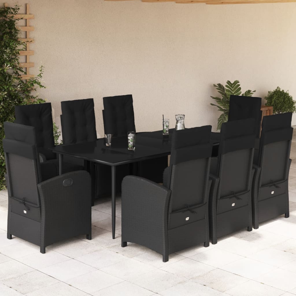 Set da Pranzo da Giardino 9 pz con Cuscini Nero in Polyrattan - homemem39