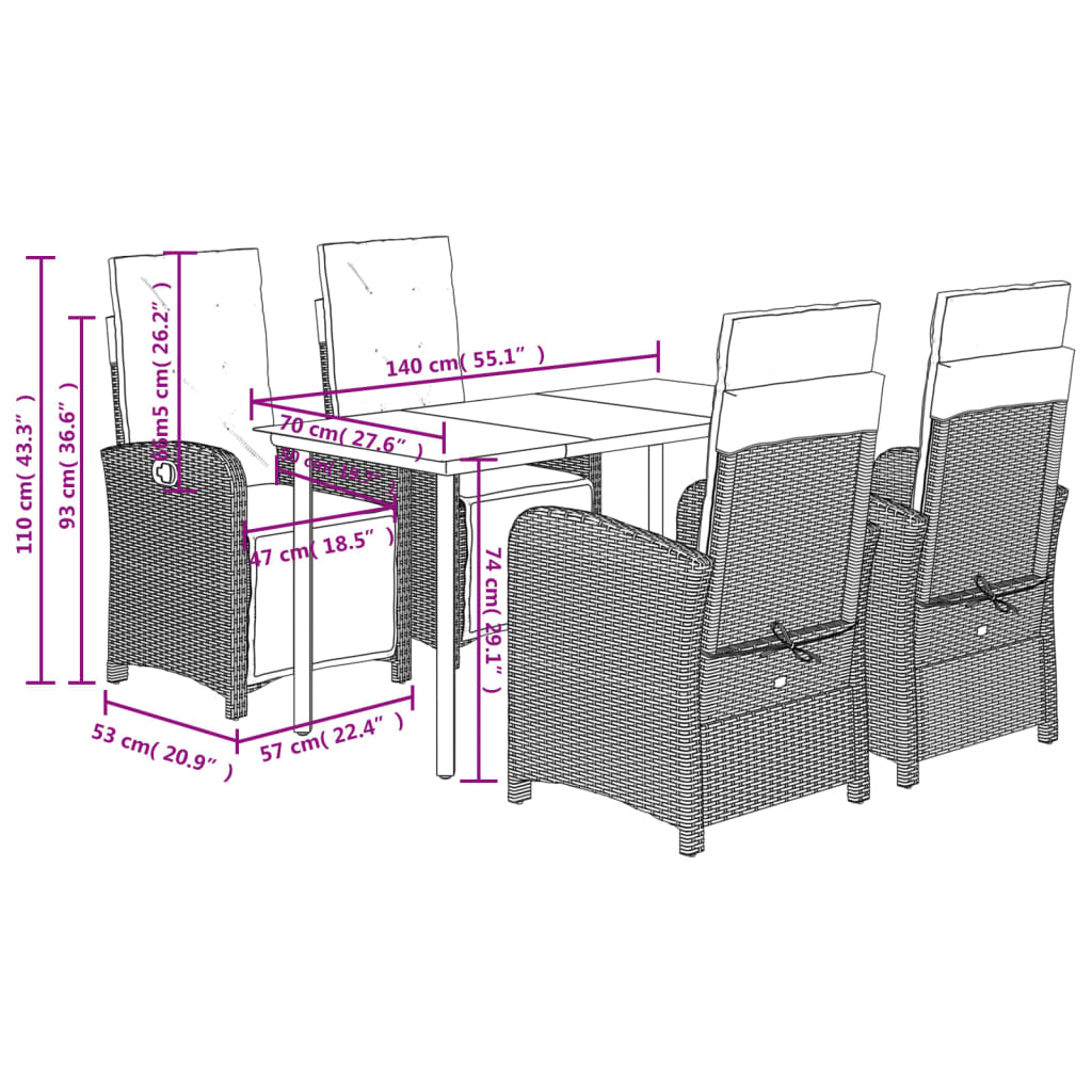 Set da Pranzo da Giardino 5 pz Nero con Cuscini in Polyrattan | homemem39