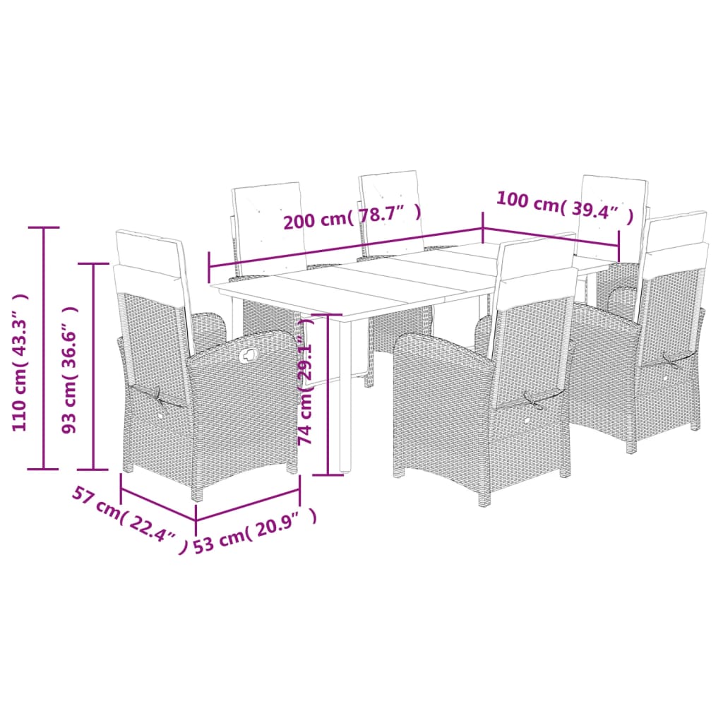 Set da Pranzo da Giardino 7 pz Nero con Cuscini in Polyrattan | homemem39