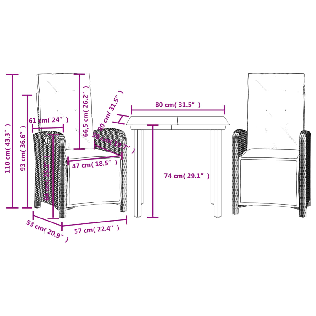 Set Bistrò 3 pz con Cuscini Marrone in Polyrattan | homemem39