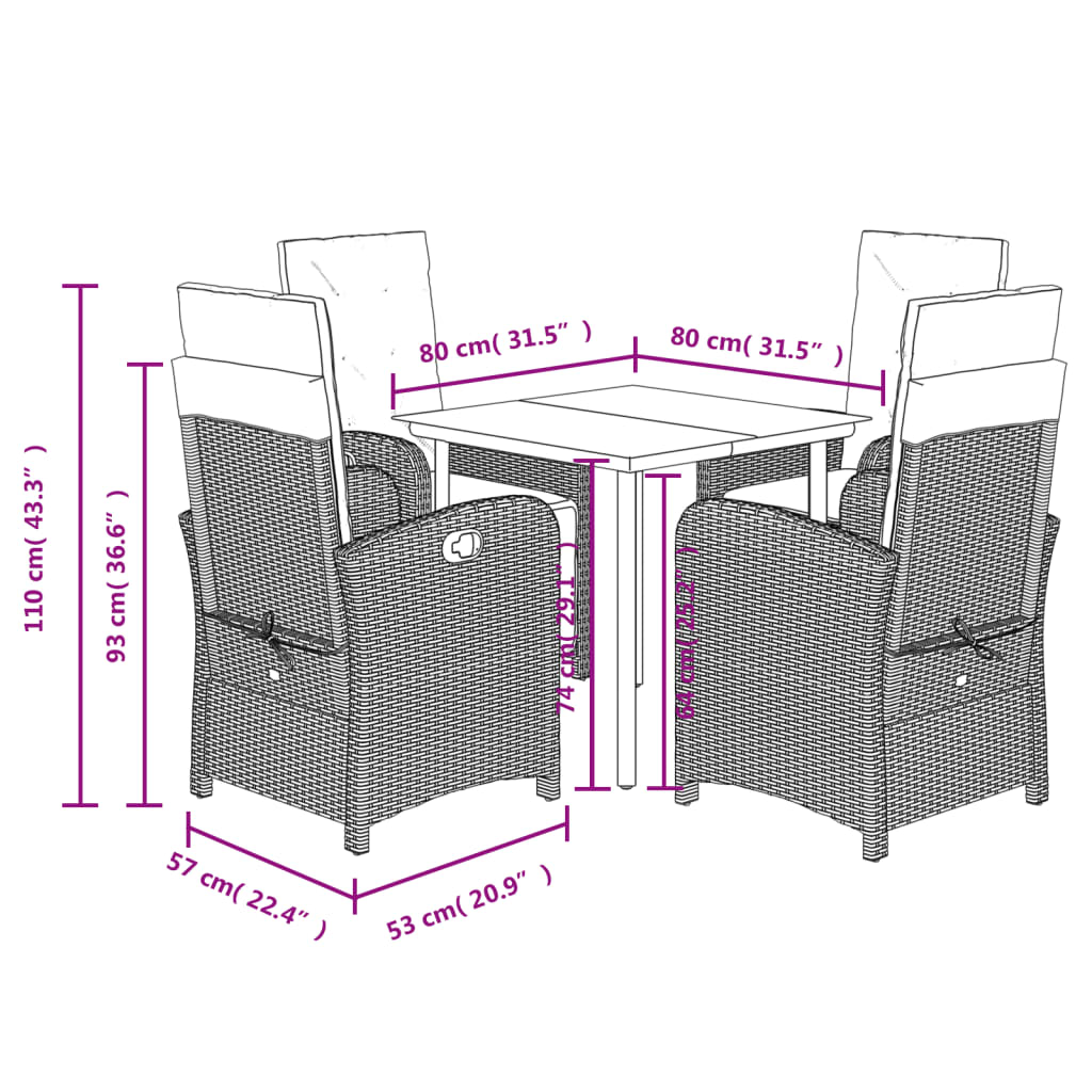 Set da Pranzo da Giardino 5pz con Cuscini in Polyrattan Marrone | homemem39