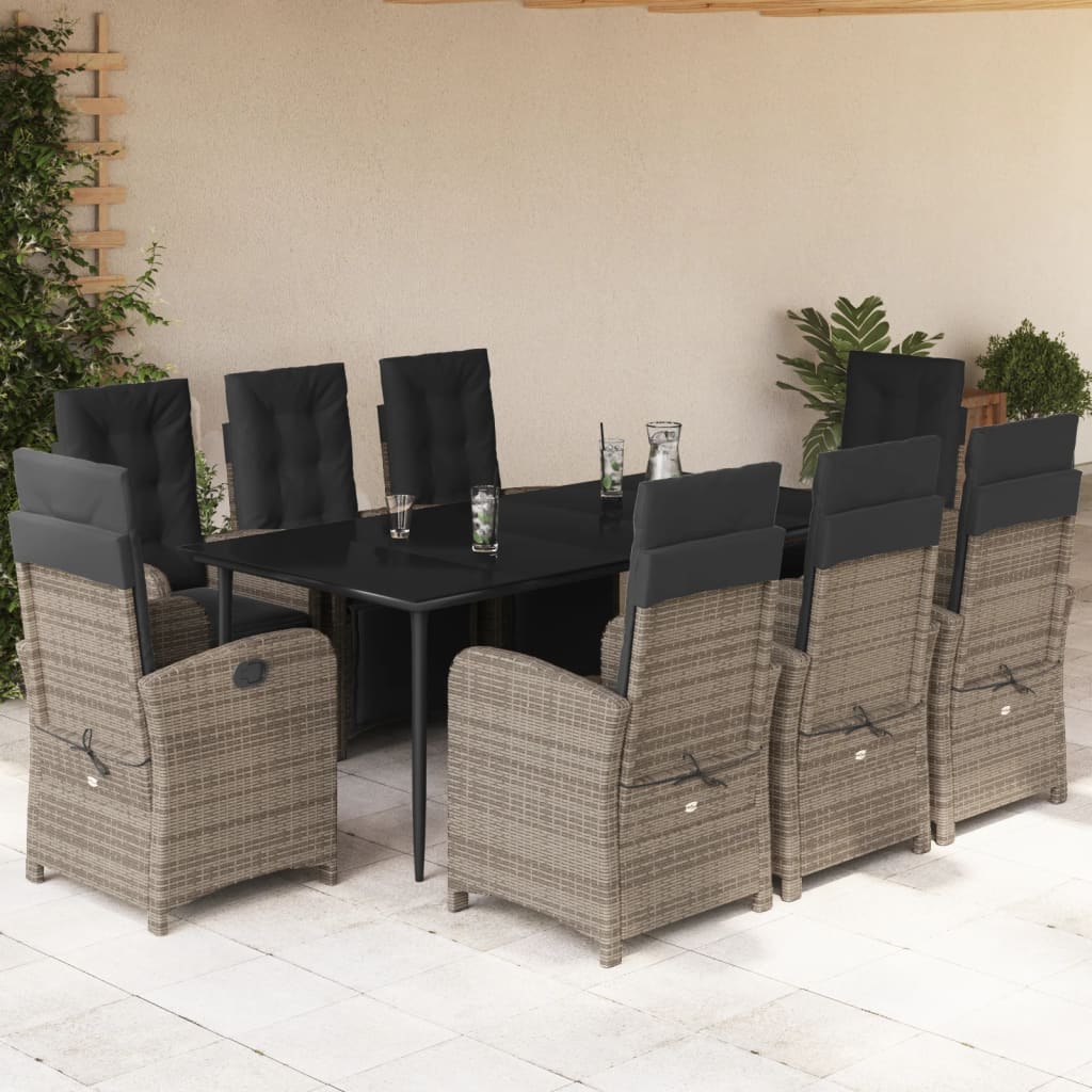 Set da Pranzo da Giardino 9 pz con Cuscini in Polyrattan Grigio - homemem39