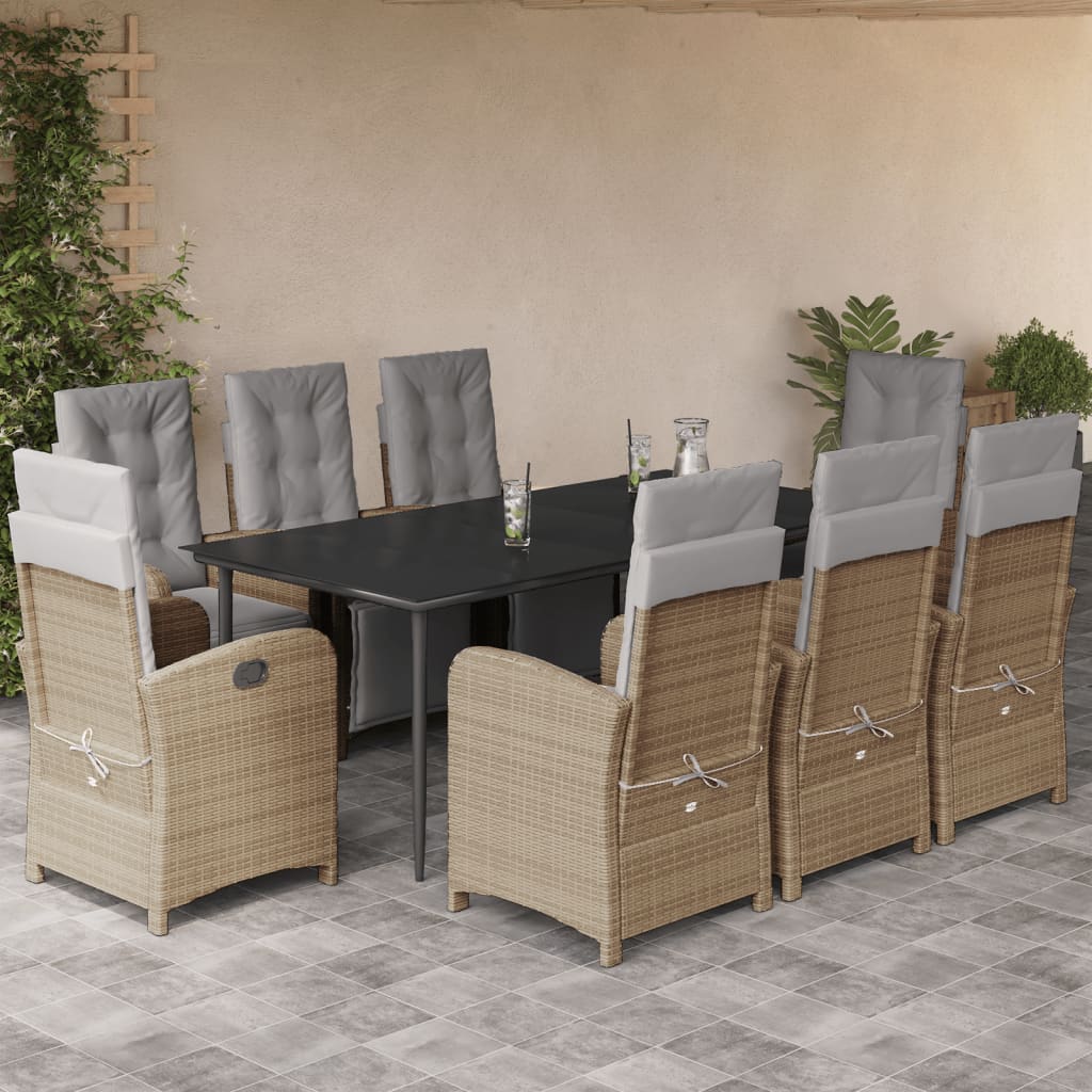 Set da Pranzo da Giardino 9 pz con Cuscini Beige in Polyrattan - homemem39