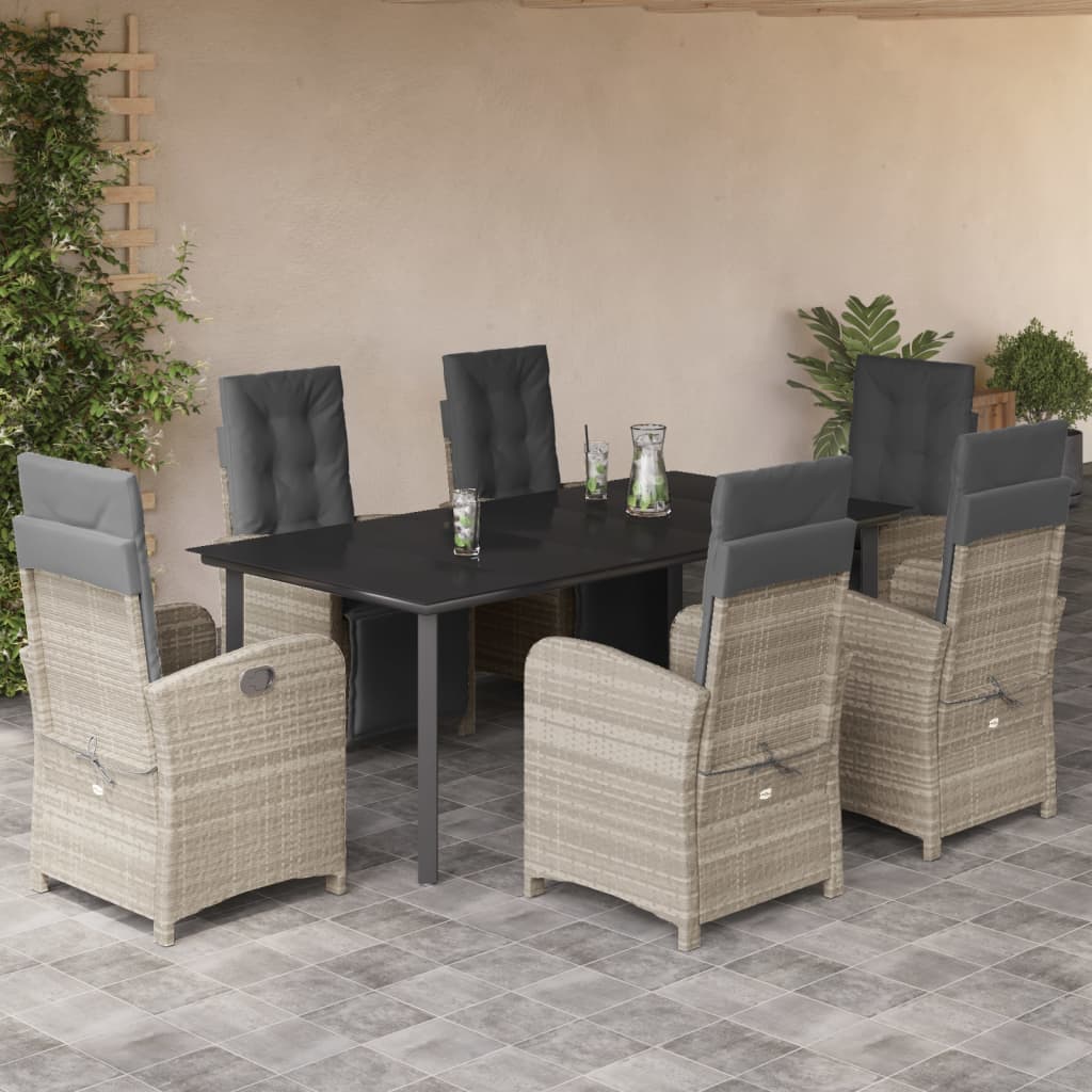 Set da Pranzo da Giardino 7 pz Cuscini Polyrattan Grigio Chiaro | homemem39