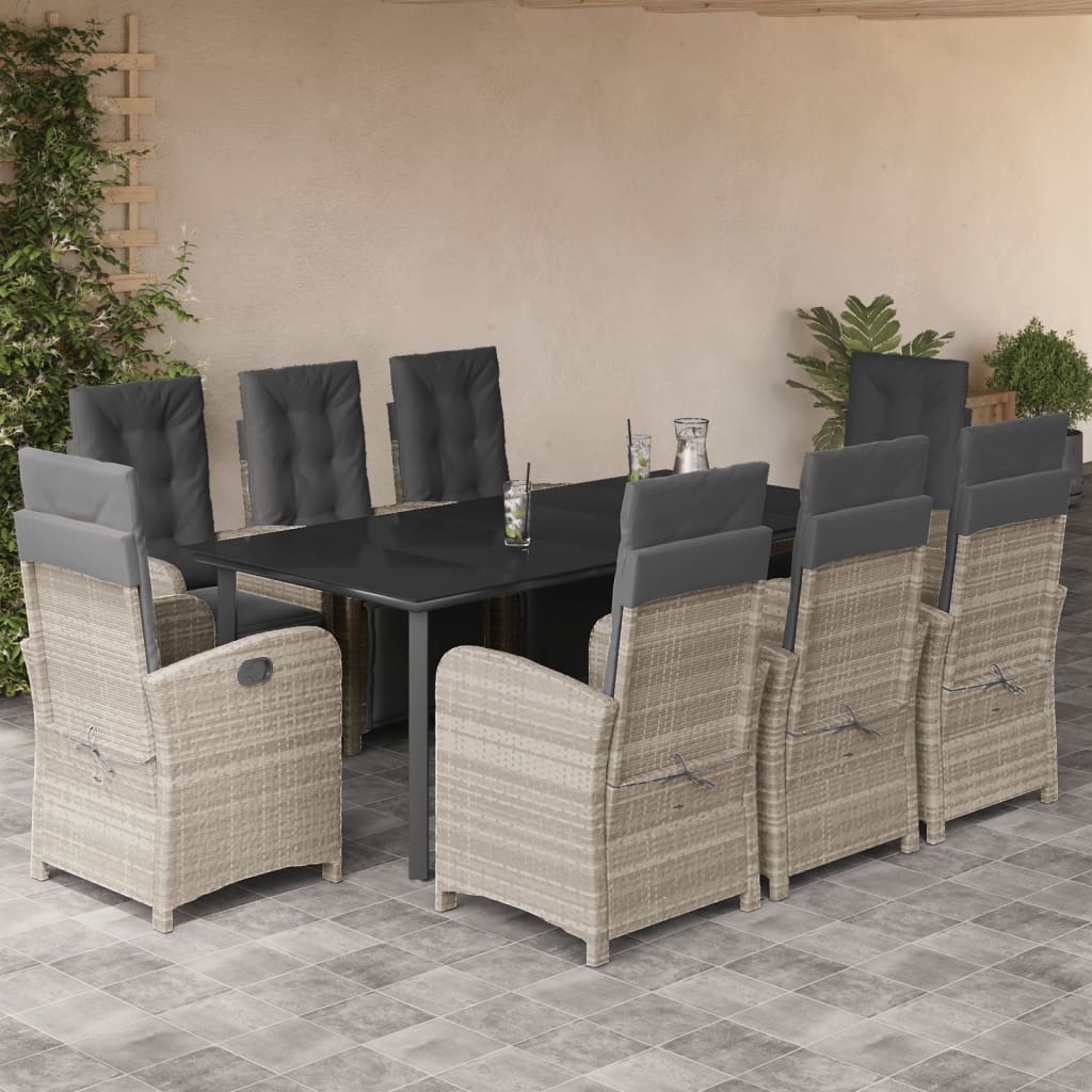 Set Pranzo da Giardino 9pz con Cuscini Grigio Chiaro Polyrattan - homemem39