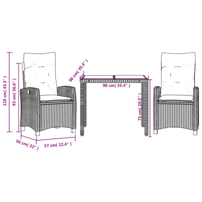Set da Pranzo da Giardino 3 pz con Cuscini Nero in Polyrattan | homemem39
