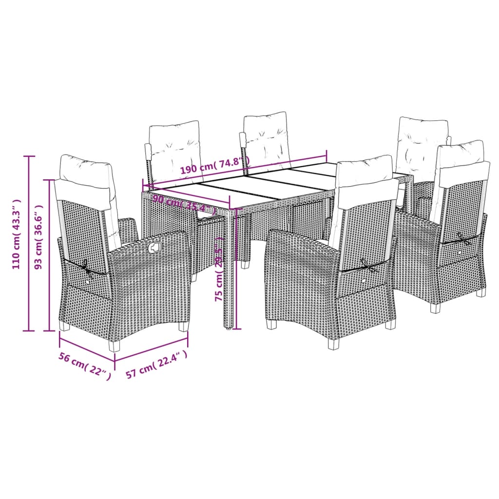 Set da Pranzo da Giardino 7 pz Nero con Cuscini in Polyrattan | homemem39