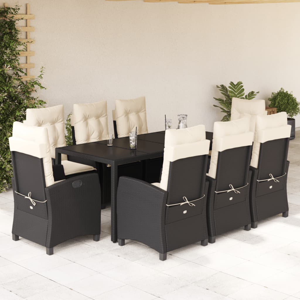 Set da Pranzo da Giardino 9 pz con Cuscini Nero in Polyrattan | homemem39