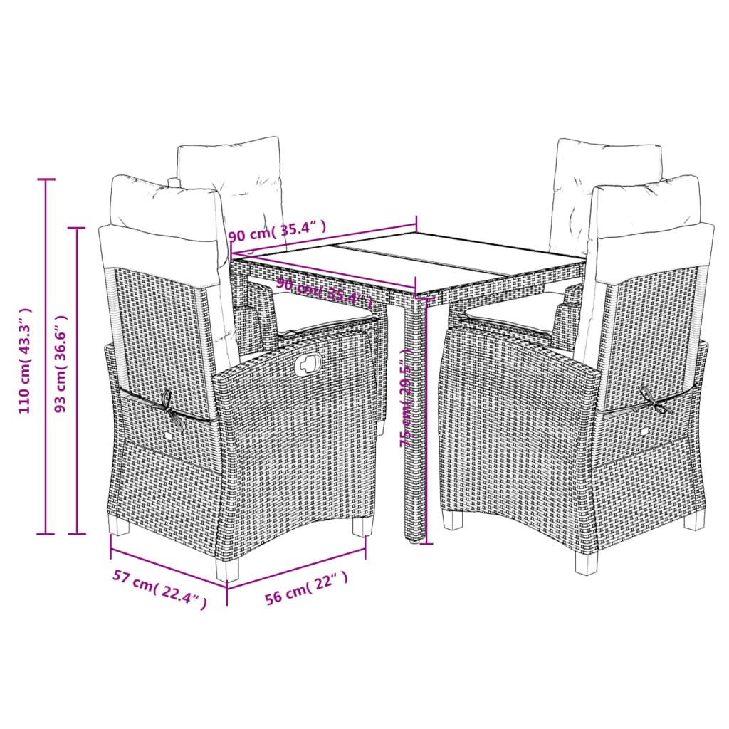 Set da Pranzo da Giardino 5 pz Nero con Cuscini in Polyrattan | homemem39