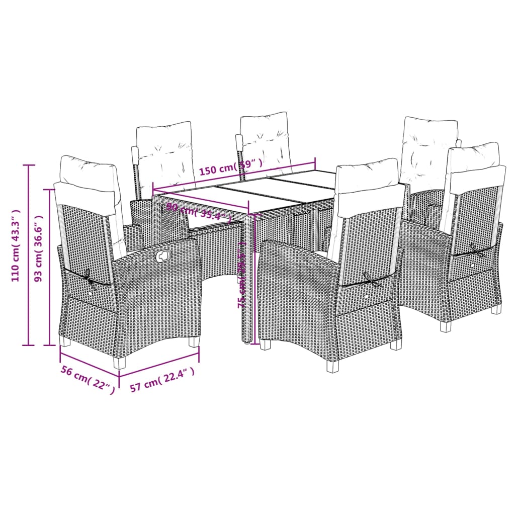 Set da Pranzo da Giardino 7 pz Nero con Cuscini in Polyrattan | homemem39
