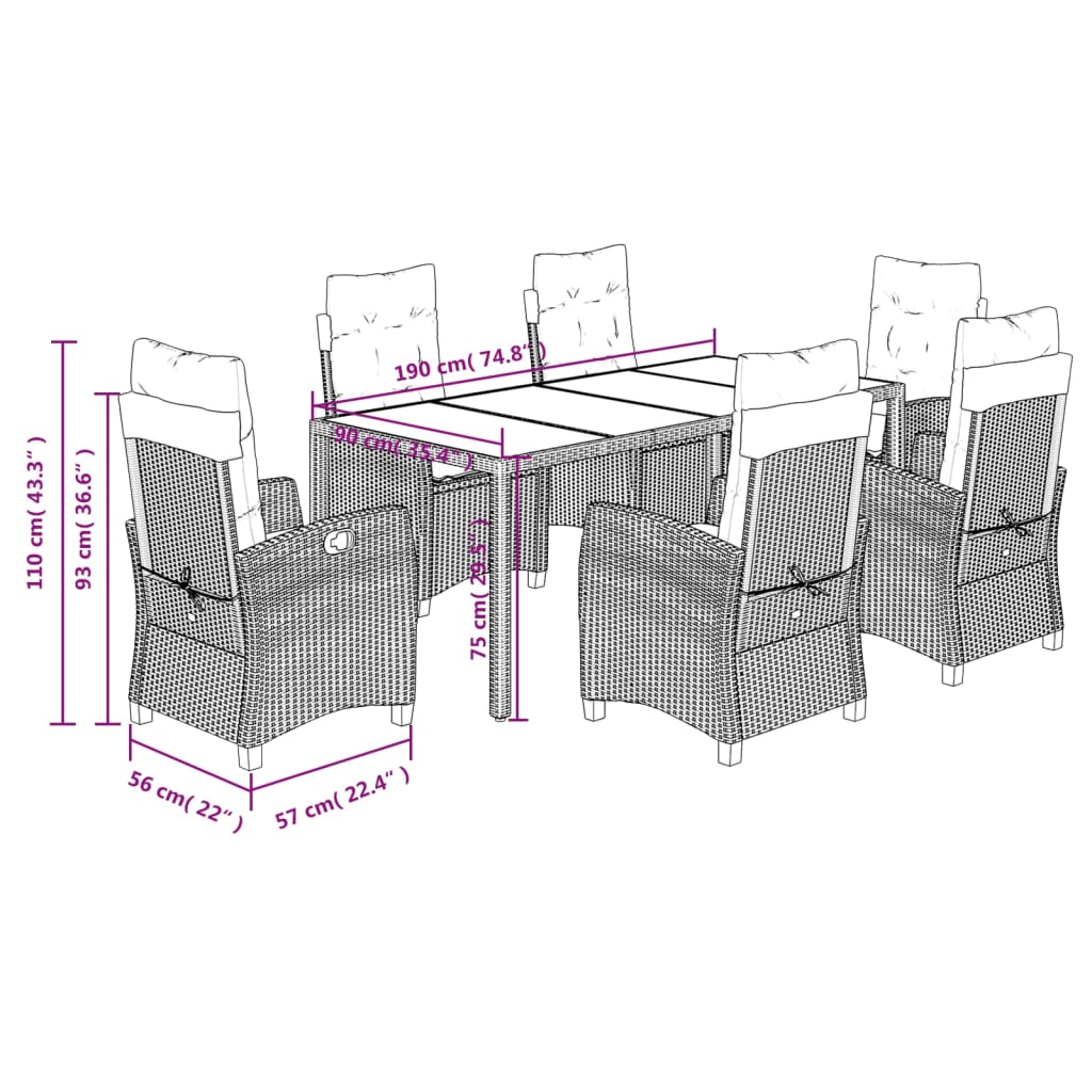Set da Pranzo da Giardino 7 pz Nero con Cuscini in Polyrattan | homemem39