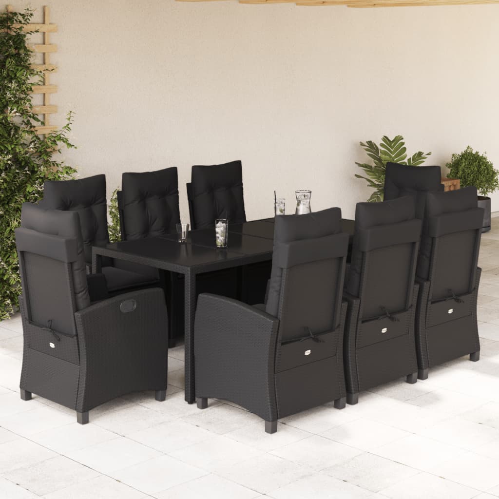 Set da Pranzo da Giardino 9 pz con Cuscini Nero in Polyrattan | homemem39
