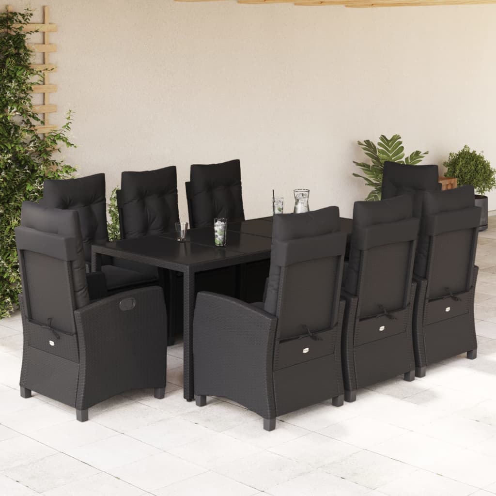 Set da Pranzo da Giardino 9 pz con Cuscini Nero in Polyrattan | homemem39