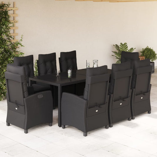 Set da Pranzo da Giardino 9 pz con Cuscini Nero in Polyrattan - homemem39