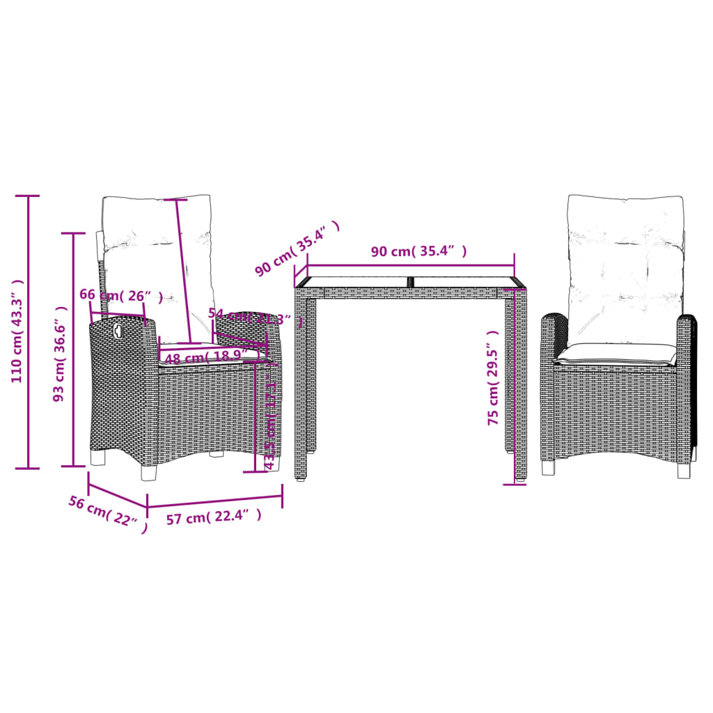 Set da Pranzo da Giardino 3 pz con Cuscini Nero in Polyrattan | homemem39