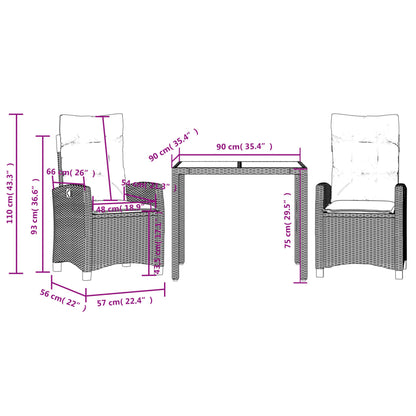 Set da Pranzo da Giardino 3 pz con Cuscini Nero in Polyrattan | homemem39