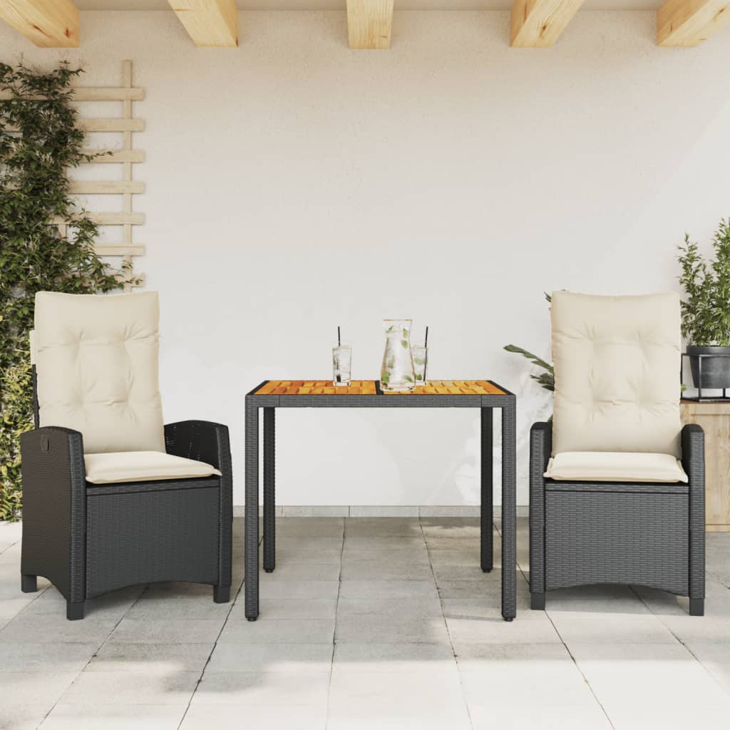 Set da Pranzo da Giardino 3 pz con Cuscini Nero in Polyrattan - homemem39