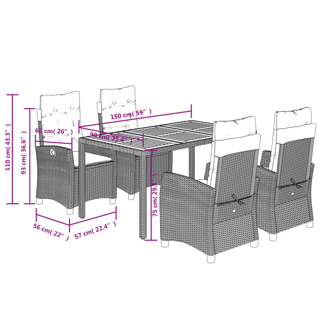 Set da Pranzo da Giardino 5 pz Nero con Cuscini in Polyrattan | homemem39