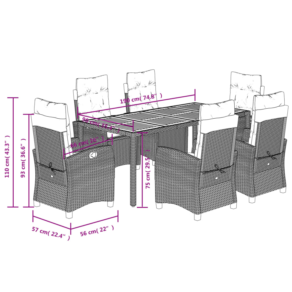 Set da Pranzo da Giardino 7 pz Nero con Cuscini in Polyrattan | homemem39