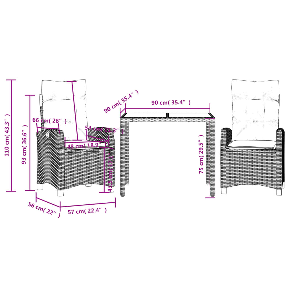 Set da Pranzo da Giardino 3 pz con Cuscini in Polyrattan Grigio | homemem39