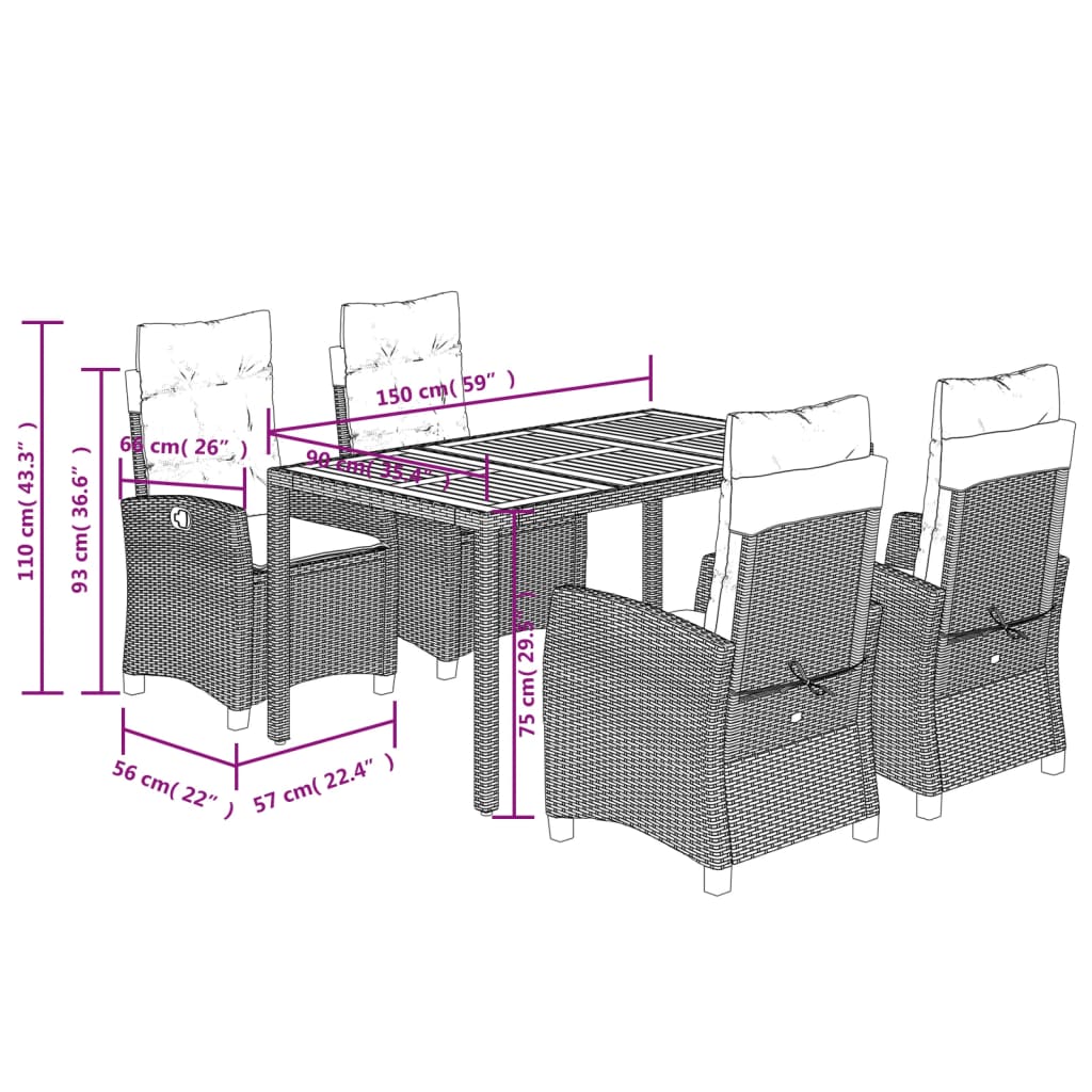 Set da Pranzo da Giardino 5 pz con Cuscini in Polyrattan Grigio | homemem39