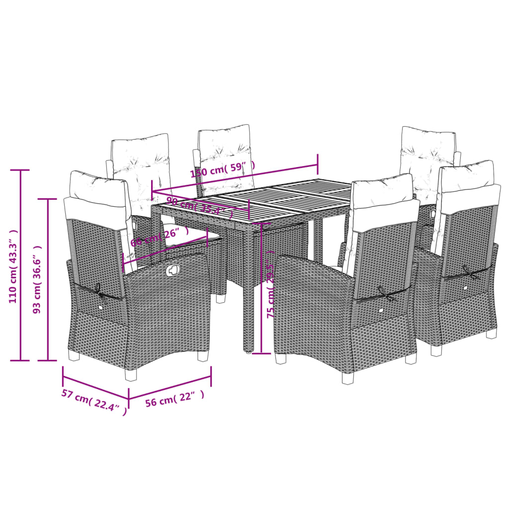 Set da Pranzo da Giardino 7 pz con Cuscini in Polyrattan Grigio | homemem39