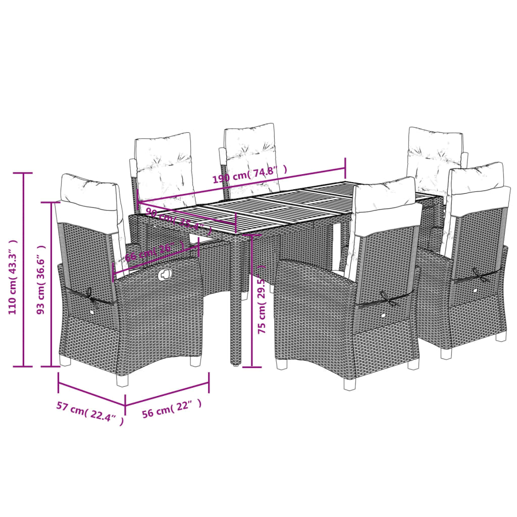 Set da Pranzo da Giardino 7 pz con Cuscini in Polyrattan Grigio | homemem39