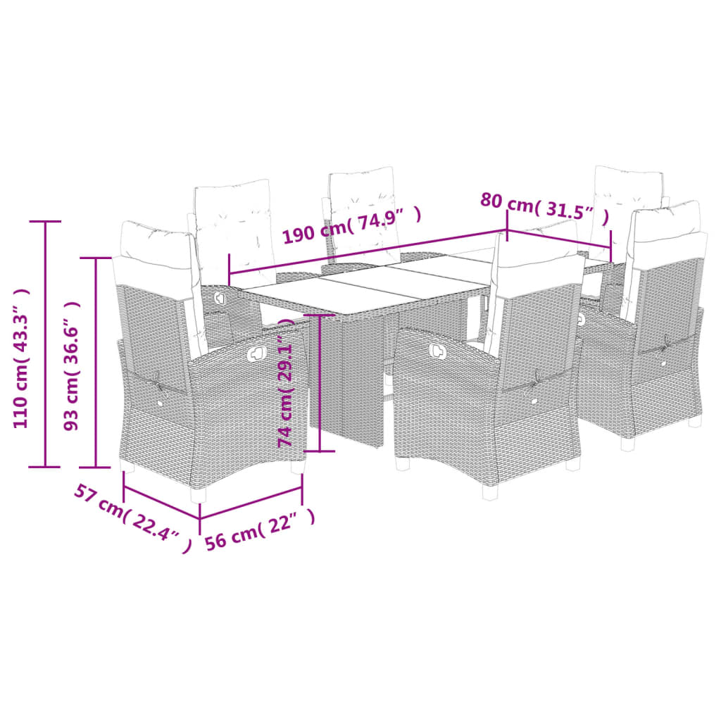 Set da Pranzo da Giardino 7 pz Nero con Cuscini in Polyrattan | homemem39