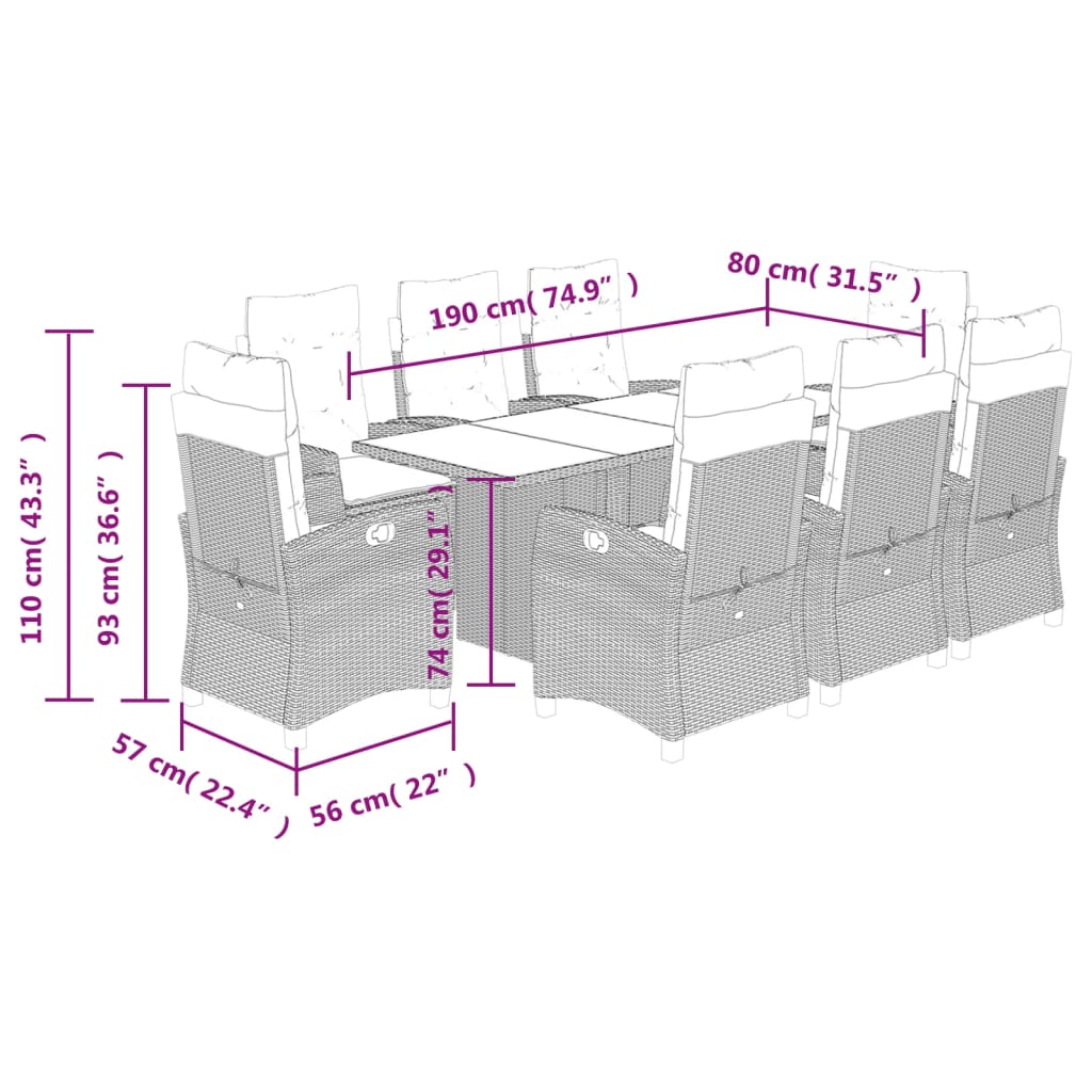Set da Pranzo da Giardino 9 pz con Cuscini Nero in Polyrattan | homemem39