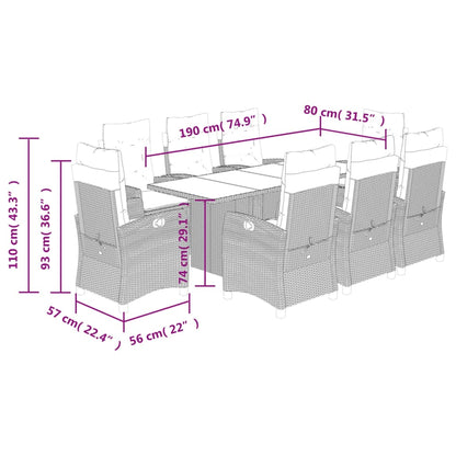 Set da Pranzo da Giardino 9 pz con Cuscini Nero in Polyrattan | homemem39
